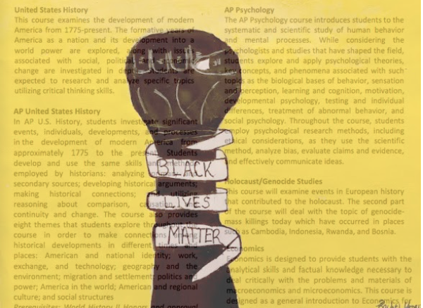 The MSDA history curriculum superimposed on top of Rachel Umansky-Castro’s painting of a fist symbolizing Black Lives Matter.